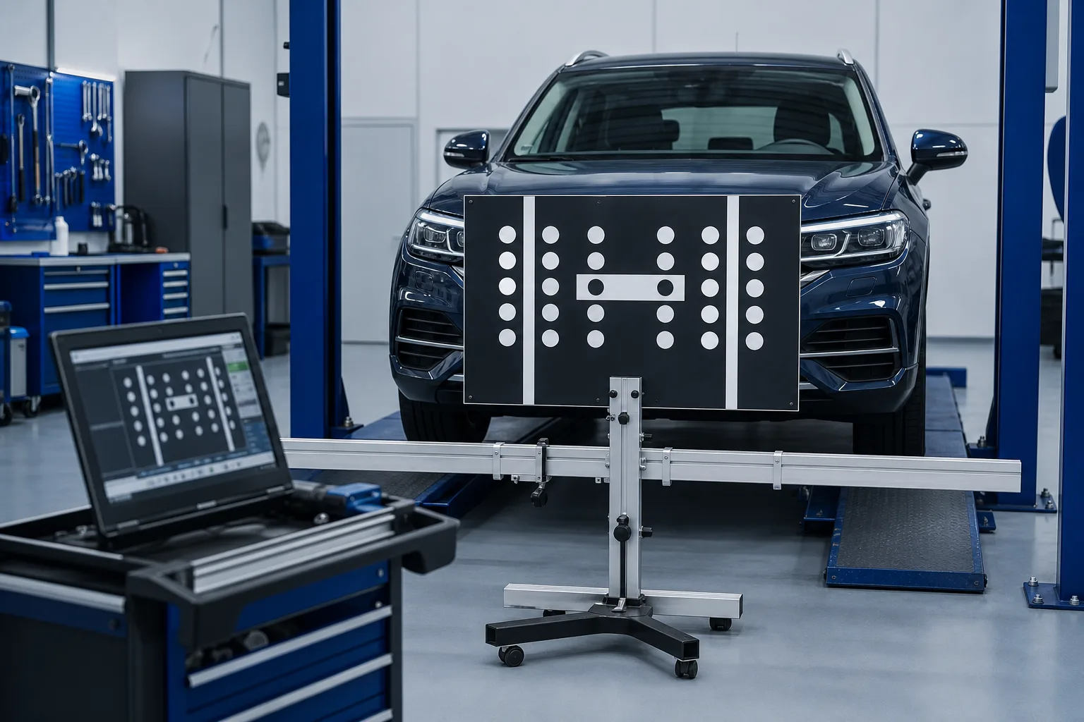 ADAS-Kamera-Kalibrierung am Prüfstand nach Windschutzscheibenwechsel in der Werkstatt, 1200x800