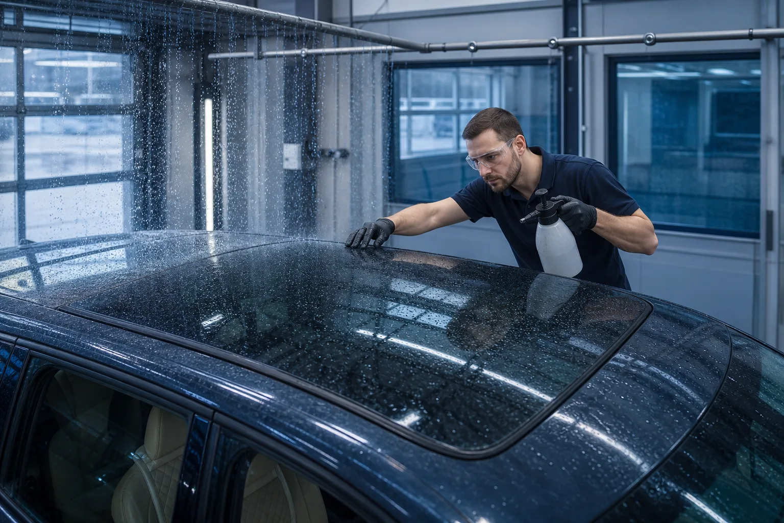Panorama-Glasdach eines Fahrzeugs bei der Dichtigkeitsprüfung in der Autoglas-Werkstatt, 1200x800